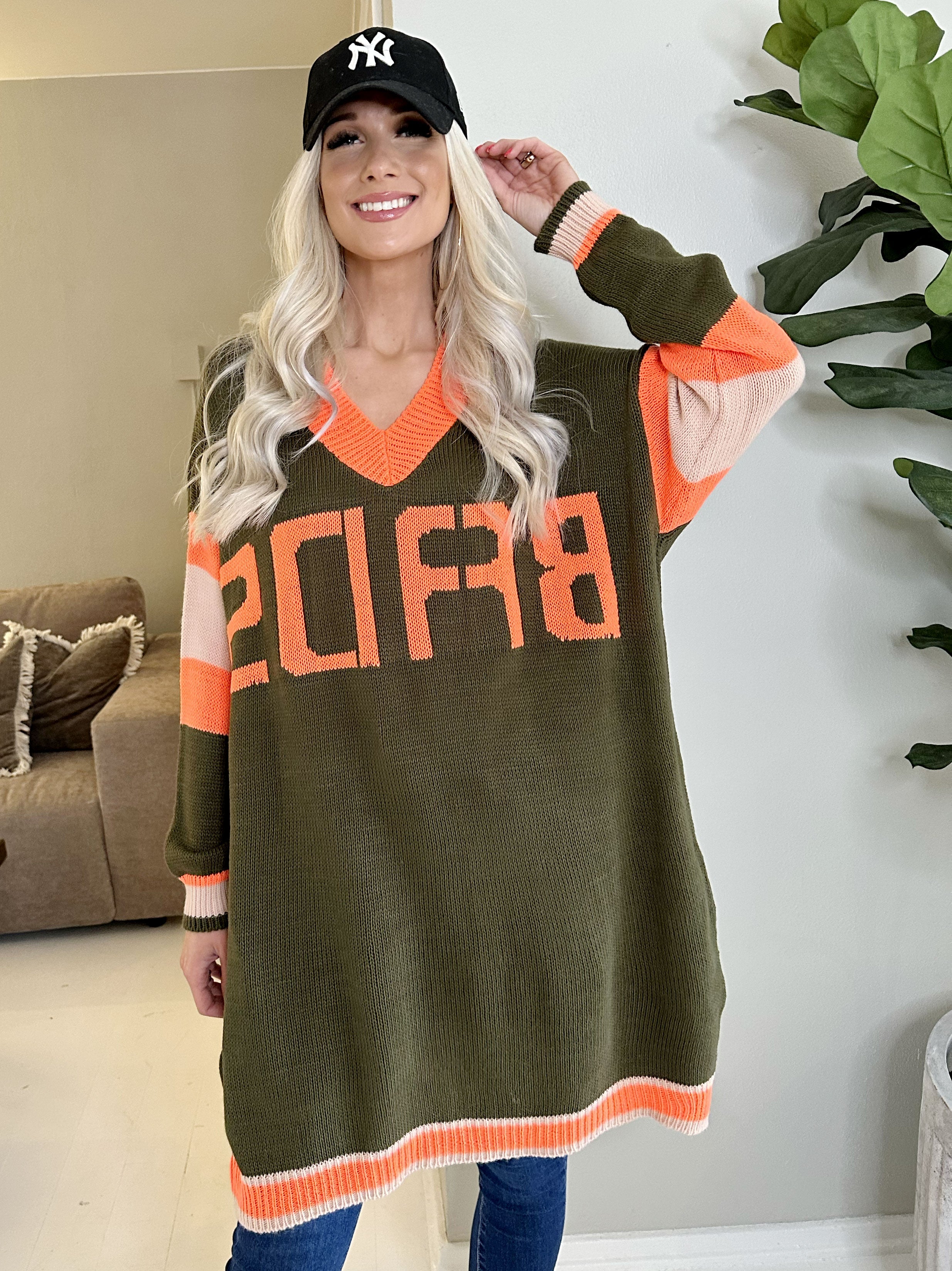 Elvira - Flerfärgad plus size stickad klänning med tryck